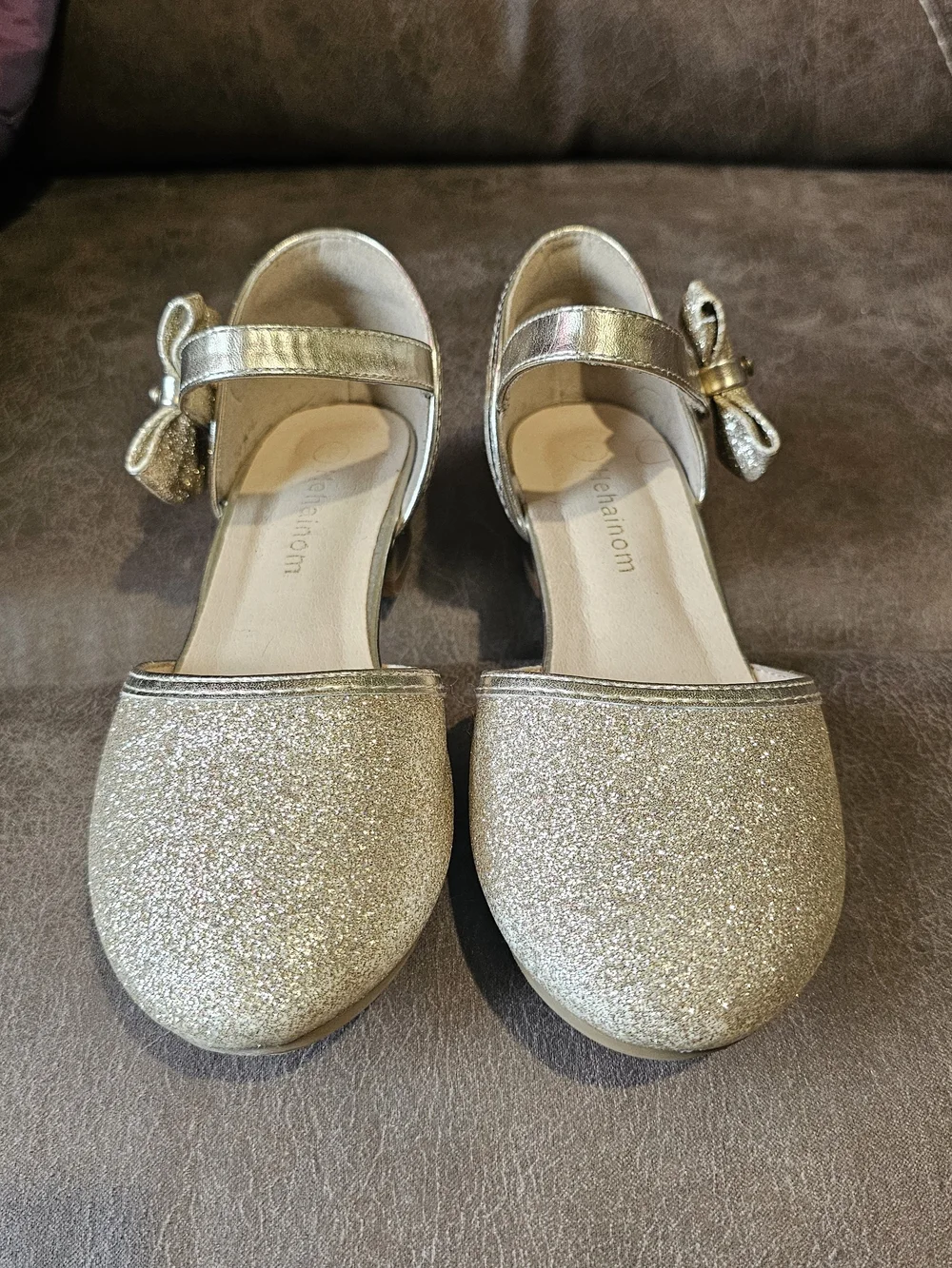 Girls' Gold Glitter Bow Low Heel Dress Shoes